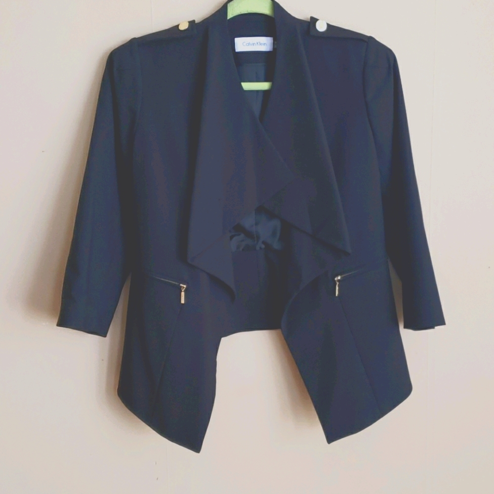 Calvin Klein Black Draped Open-Front Blazer with Gold Accents